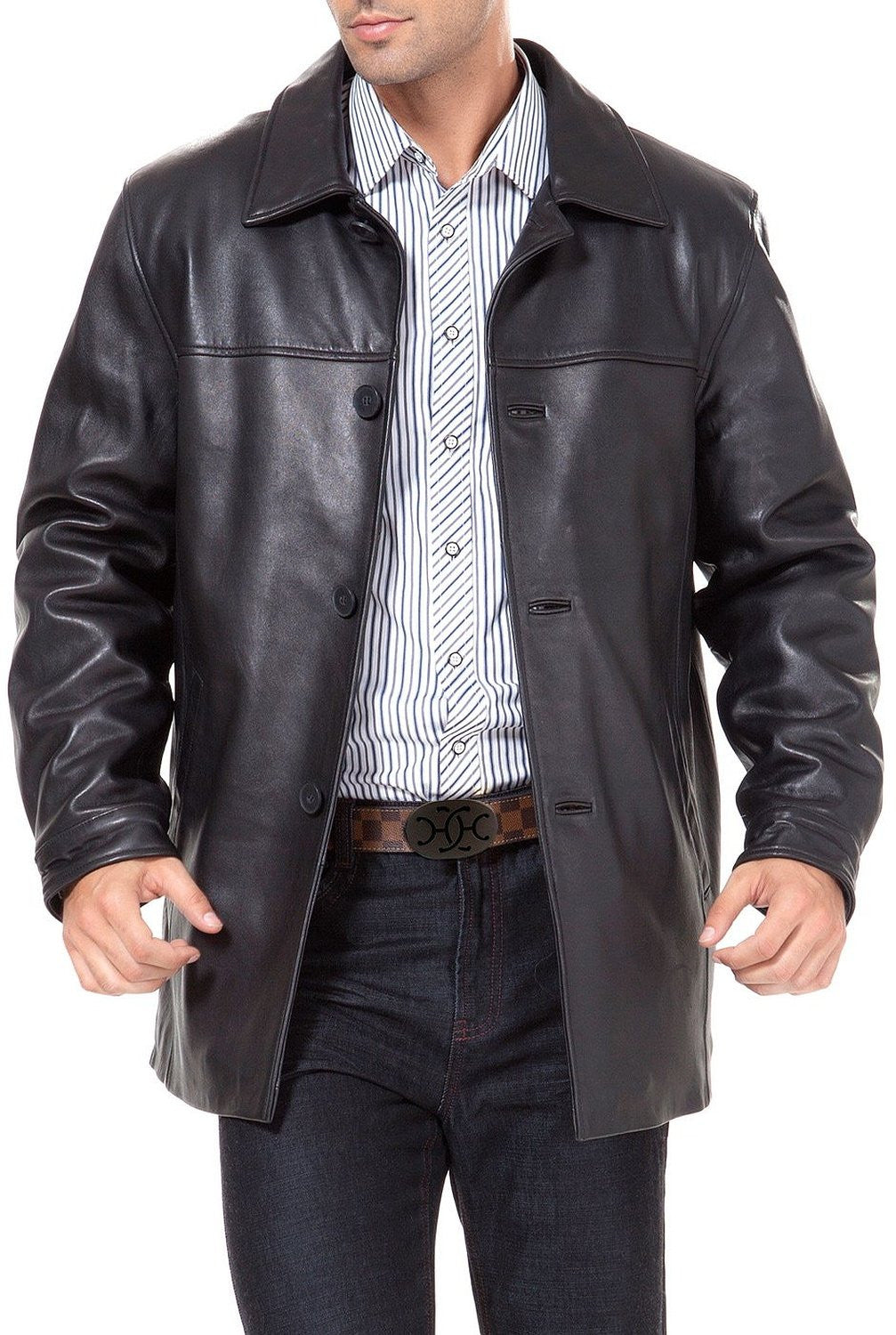 Mens black leather car on sale coat