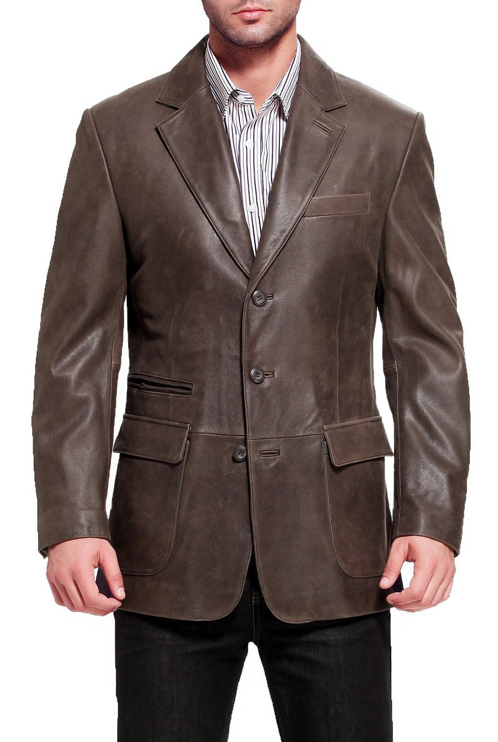 BGSD Men Mark Three-Button Distressed Cowhide Leather Blazer