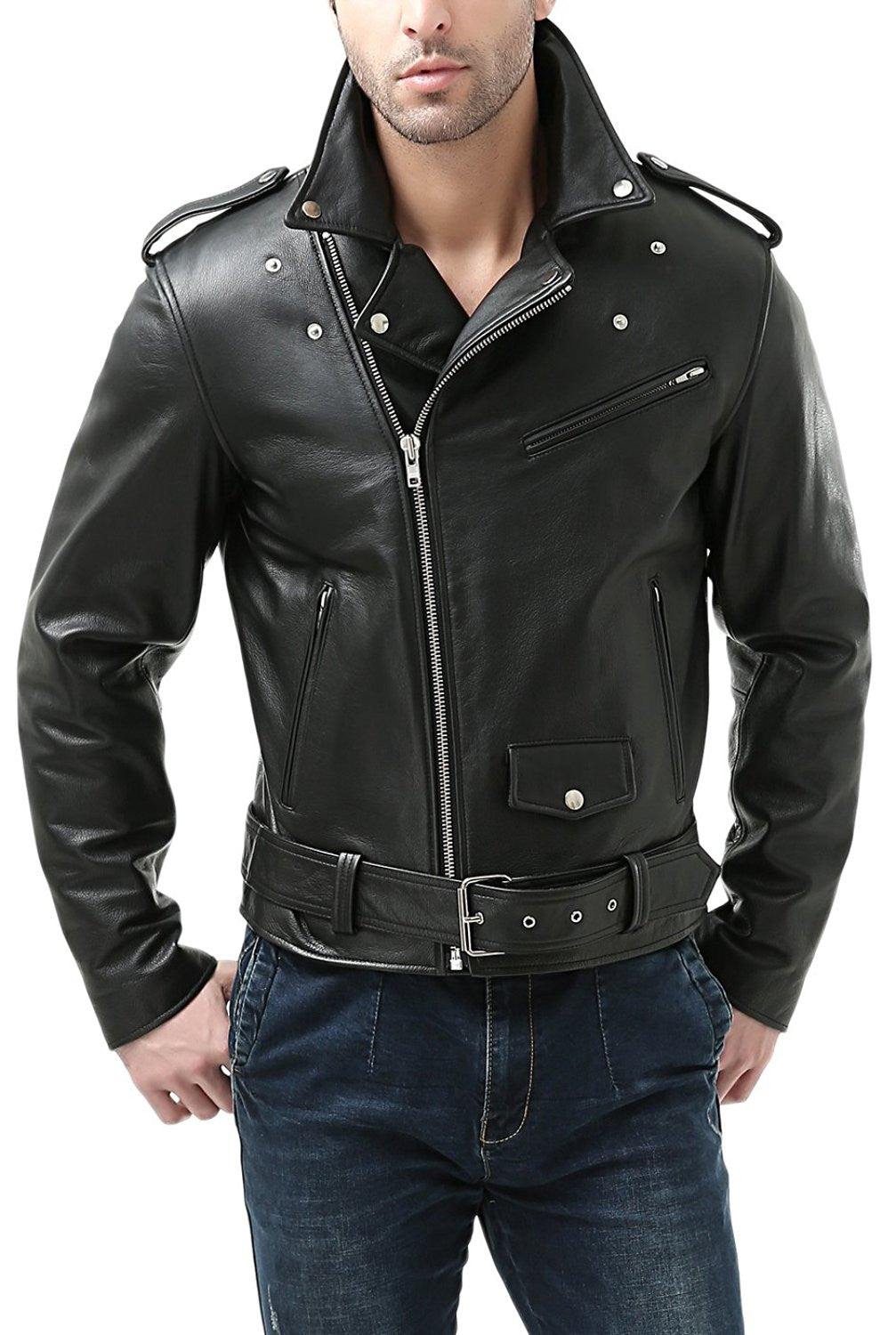 BGSD Men Classic Cowhide Leather Motorcycle Jacket