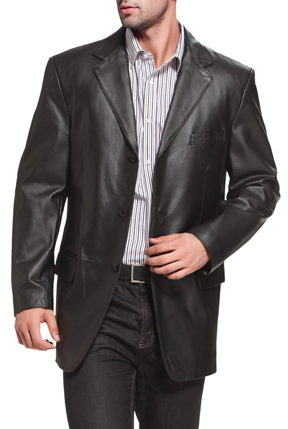 BGSD Men Liam Three-Button Leather Blazer