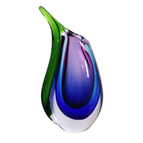 Hand Blown Multicolor Sommerso Teardrop Art Glass Vase with Angled Lip 9.5 inch tall