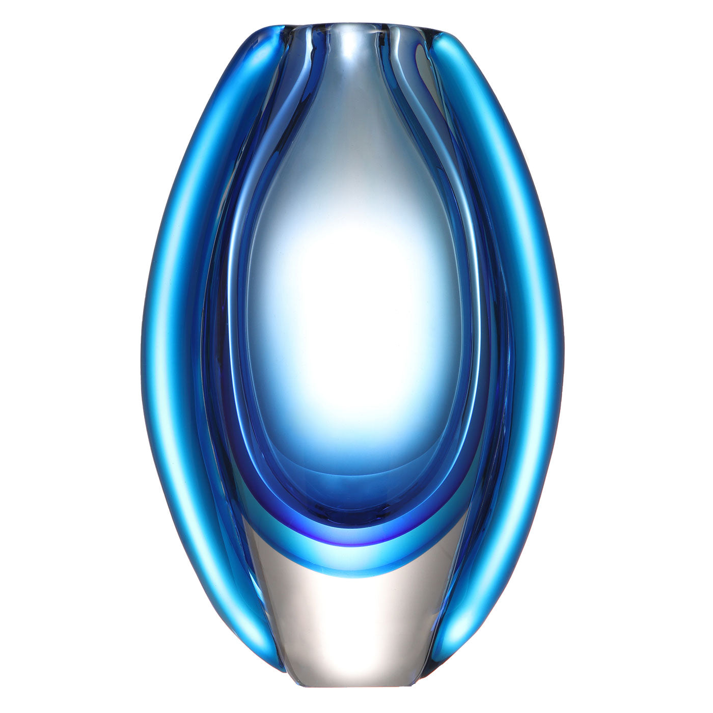 Hand Blown Sommerso Oval Art Glass Vase - Blue 8.5-10 inch tall