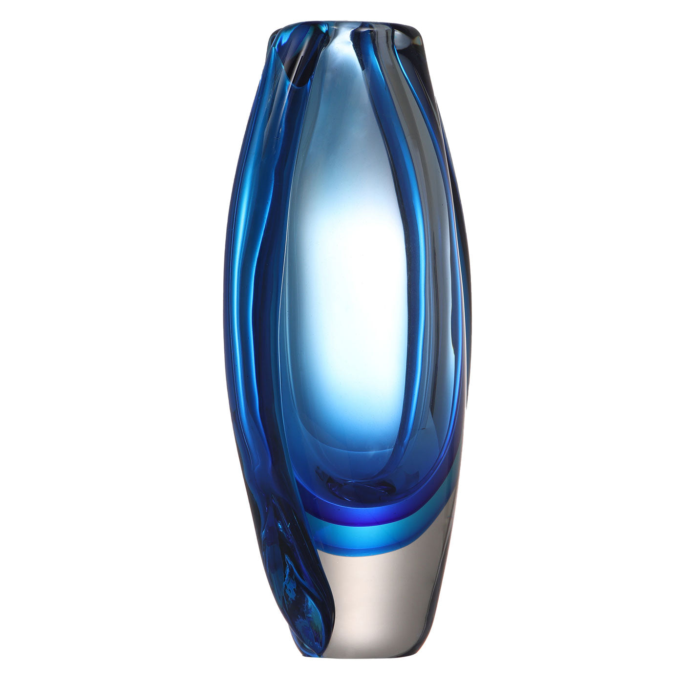 Hand Blown Sommerso Oval Art Glass Vase - Blue 8.5-10 inch tall