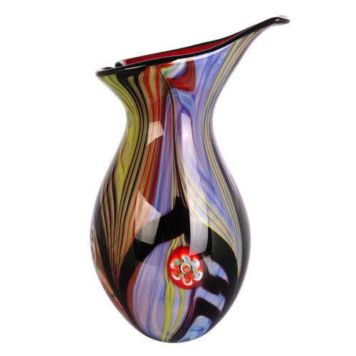 Hand Blown Abstract Teardrop Art Glass Vase with Angled Lip 9.5-13.5 inch tall